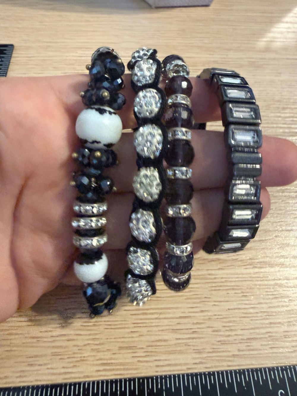 Black and White Beaded Crystal Stackable Bracelet Set
